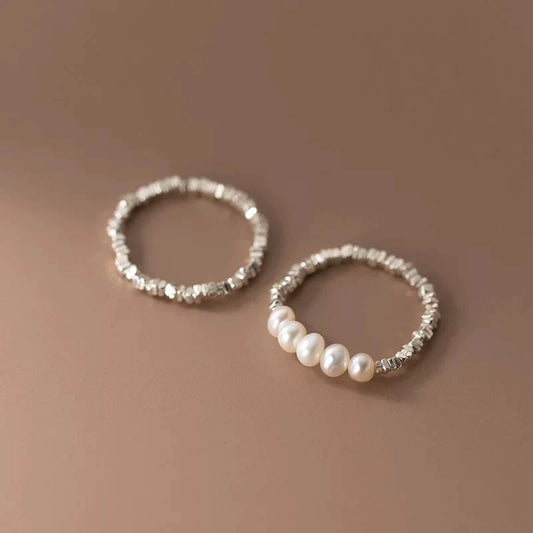 Boho & Mala Beaded Pearl Sterling Silver SET Ring (size 7-9)
